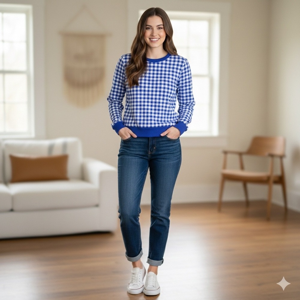 Talbots Gingham Sweatshirt Blue‎ White Checkered Long Sleeve Pullover Size Large